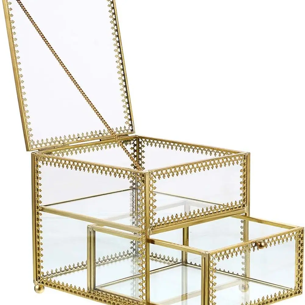 

Стеклянная шкатулка для драгоценностей с геометрическим рисунком и ящиком — золотой органайзер для хранения браслетов, ожерелий, часов и колец