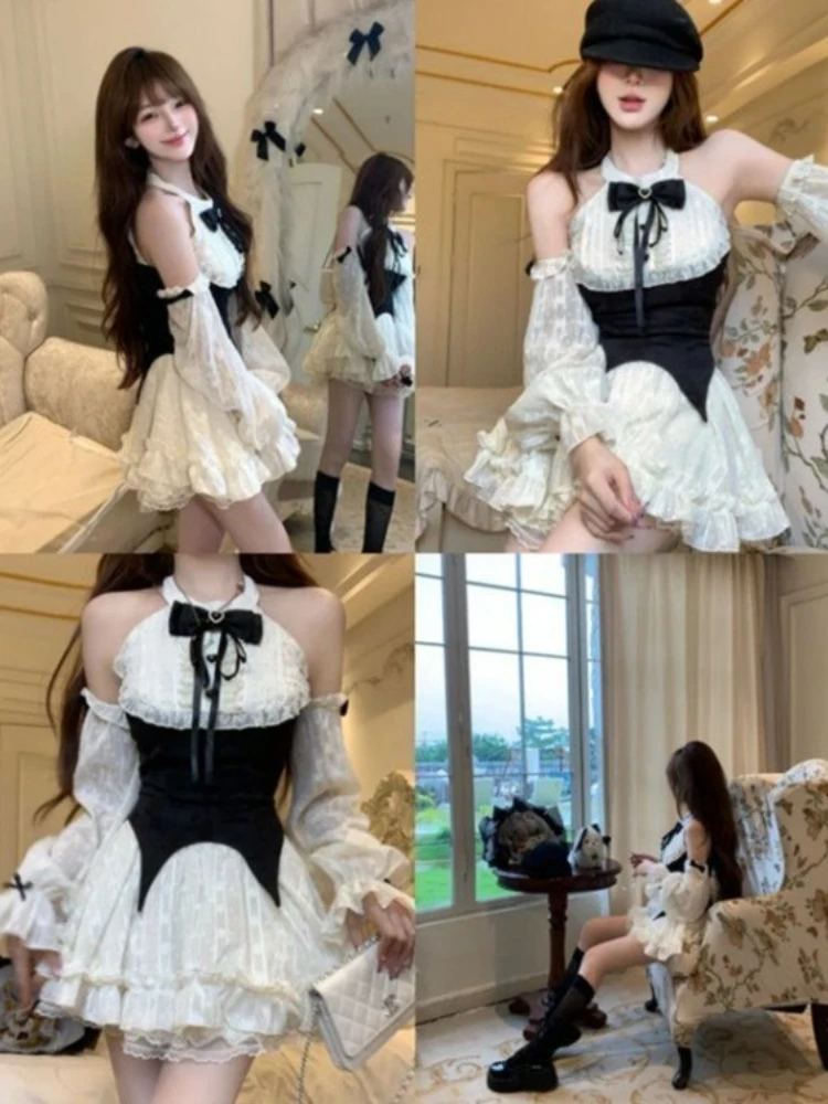 여성을위한 초기 우아한 빈티지 드레스 화이트 슬림 허리 패치 워크 여성 드레스 하위 문화 Y2k Vestidos De Mujer Lolita
