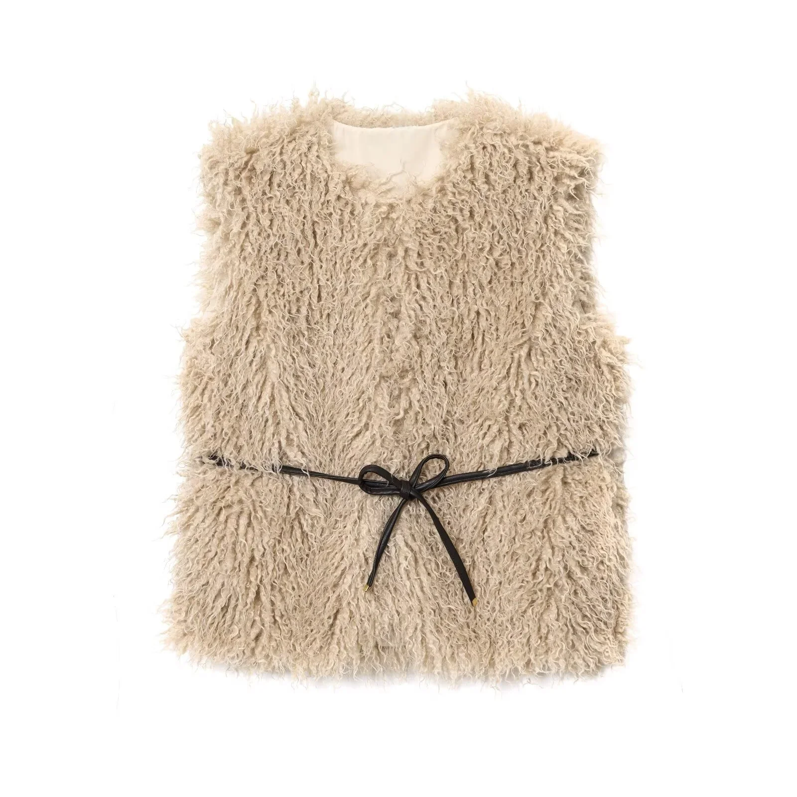 

autumn new women's casual temperament fashion simple round neck sleeveless with belt plush vest jacket