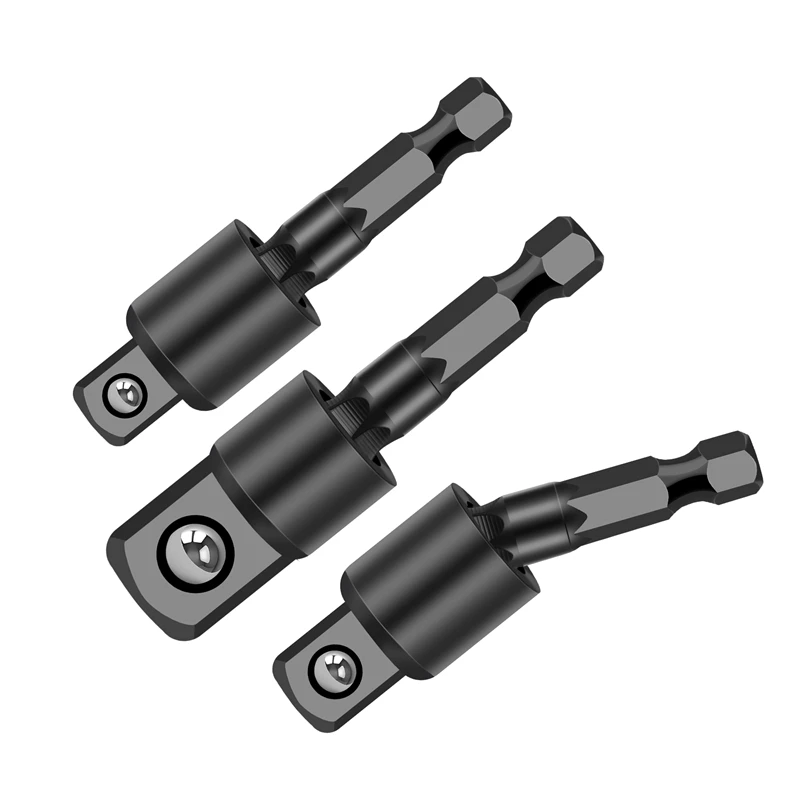 3PC Wobble Socket Adapters Universal Joint Swivel Socket Set, 1/4 Inch Hex Shank To 1/4 3/8 1/2 Square Socket Drives