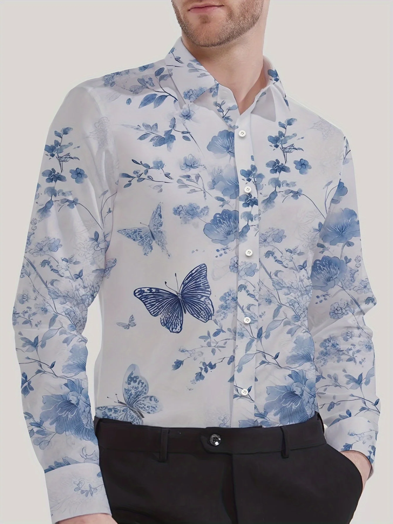 Men's Shirt Blue White Porcelain Butterfly Floral Watercolor Print Long Sleeve Button Down Top Casual Daily Business Men Clothes