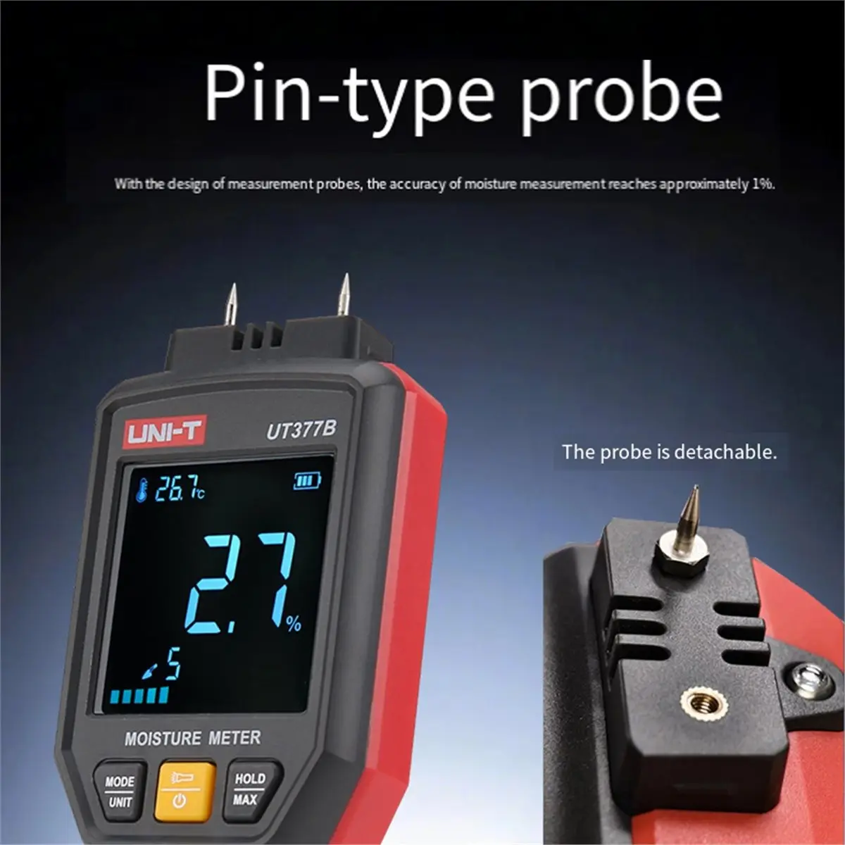 A41T UNI-T UT377B Pin Moisture Meter Wood Humidity Tester Wood and Building Materials Measurement Timber Damp Detector LED