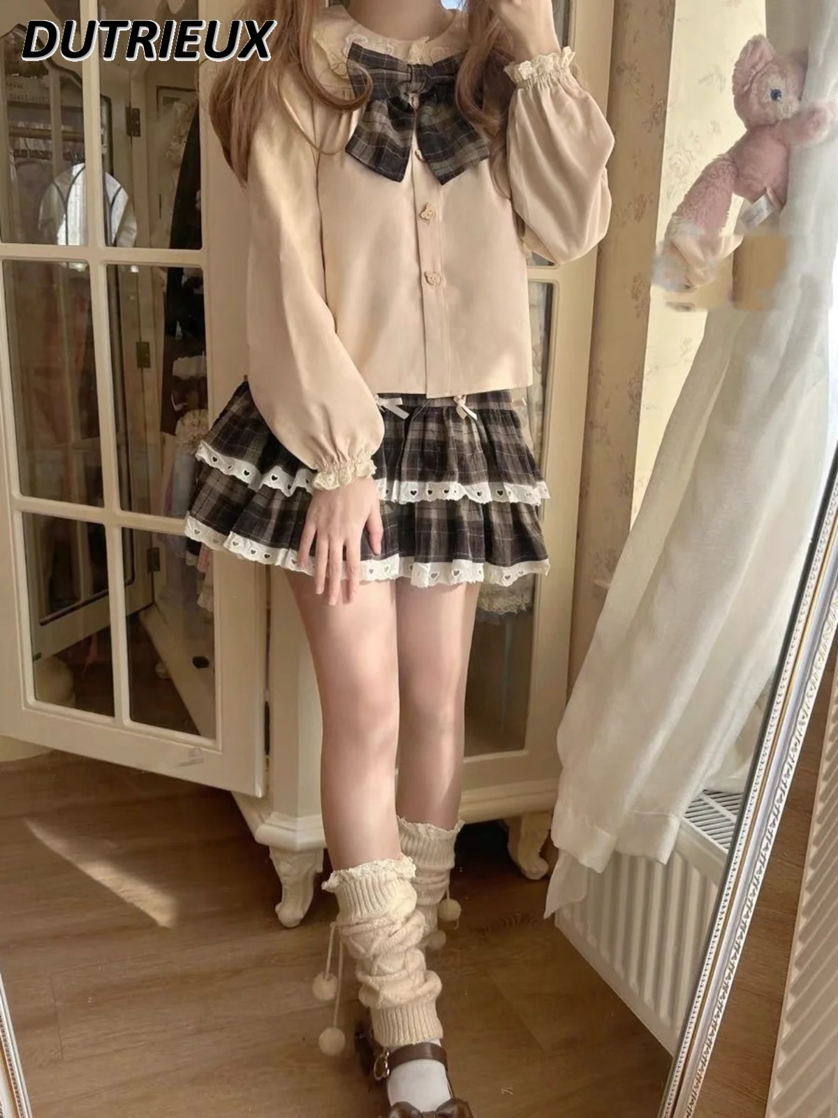 Summer New Versatile Elastic Waist A-shaped Tutu Short Skirt Sweet Cute Girls Coffee Plaid Bow Lace Edge Y2k Mini Skirts