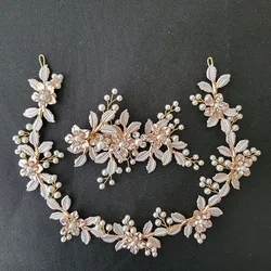SLBRIDAL Handmade Alloy Flower Leaf Rhinestones Crystal Pearls Bridal Headband Hair Clip Barrettes Wedding Women Hair Jewelry