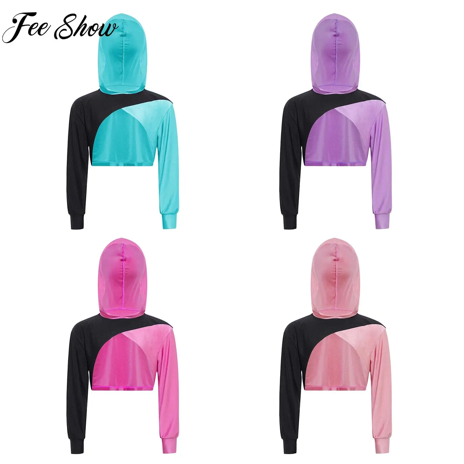 

Fashion Kids Girl Breathable Color Block Sports Hoodie Long Sleeve Asymmetrical Hem Hooded Crop Top Yoga Workout Cycling Clothes