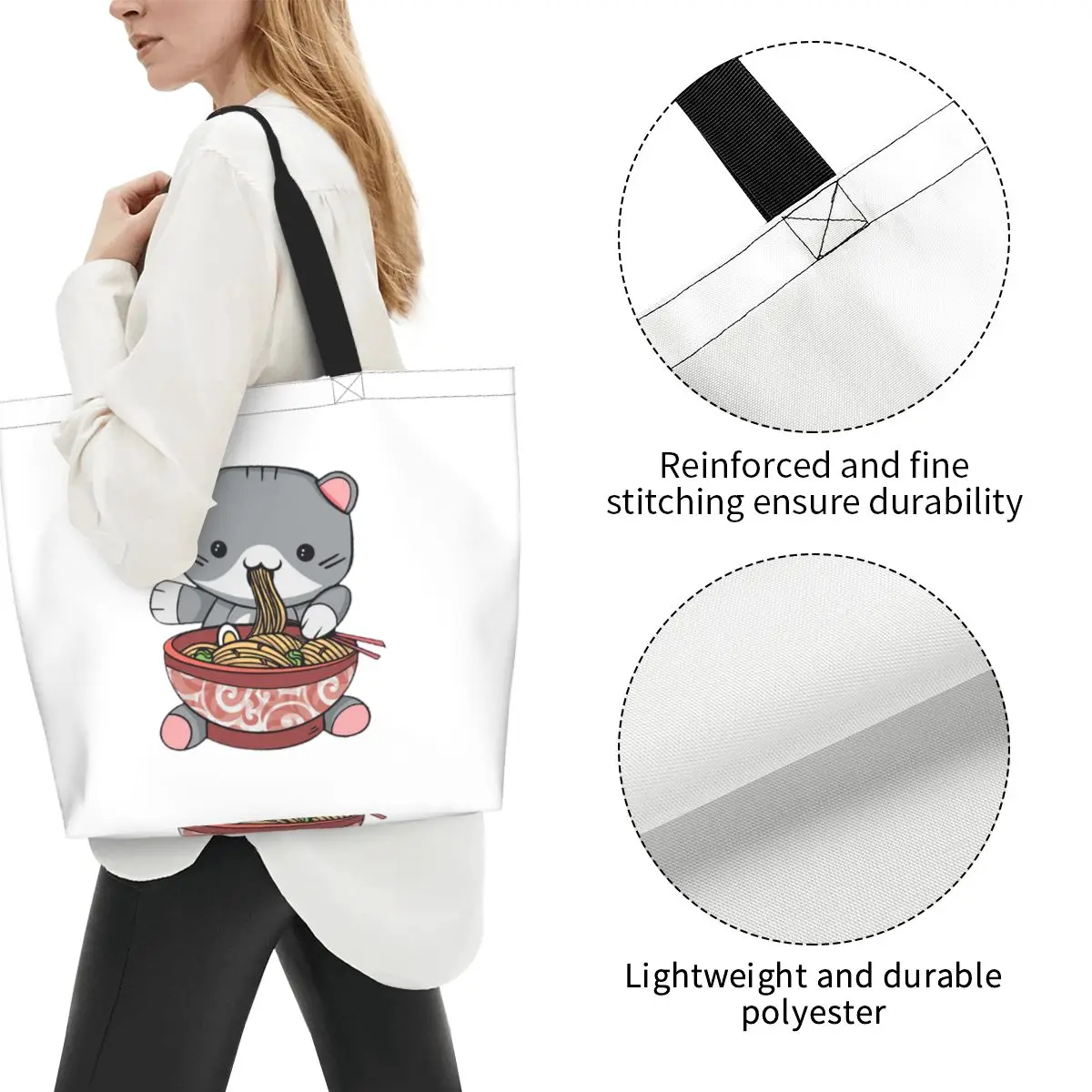 Kawaii Ramen Cat Shopping Tote Bag Canvas Large Capacity Shoulder Bags Shopper Grocery Handbag for Women