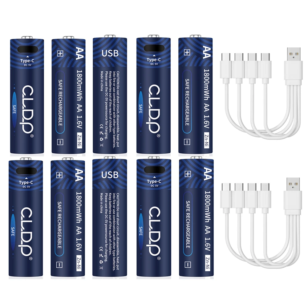 10PCS 1.6V AA Ni-Zn rechargeable battery 1800mWh Ni-Zn battery with TYPE-C charging cable suitable for toys