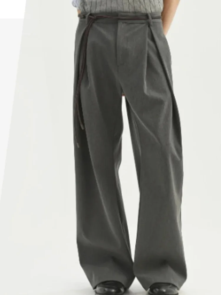 Pleated Minimalist Men's Wide Leg Pants Double Strap Belt Striped Casual Commute Premium Formal Trousers 1BAE