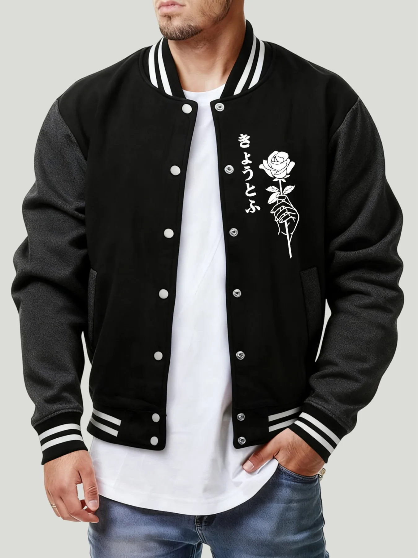 

Kyoto Prefecture White Rose Prints Men Baseball Jersey Harajuku Loose Streetwear Fashion Fleece Clothes Retro Autumn Button Top