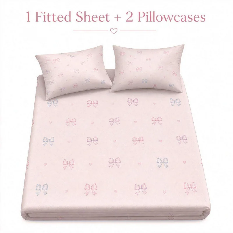 

3Pcs Pink Bow Heart Fitted Sheet Three Piece Set (1*Fitted Sheet + 2*Pillowcases, Coreless), Cute Decorative Bedding Set