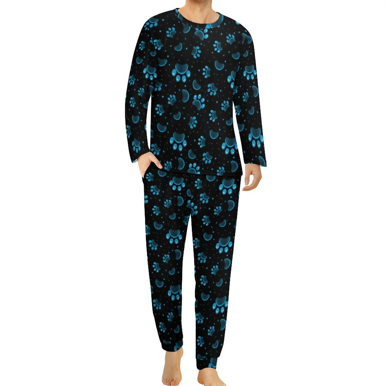 Blue Dog Paws Pajamas Autumn Animal Print Home Nightwear Man 2 Pieces Custom Long Sleeve Soft Big Size Pajama Sets