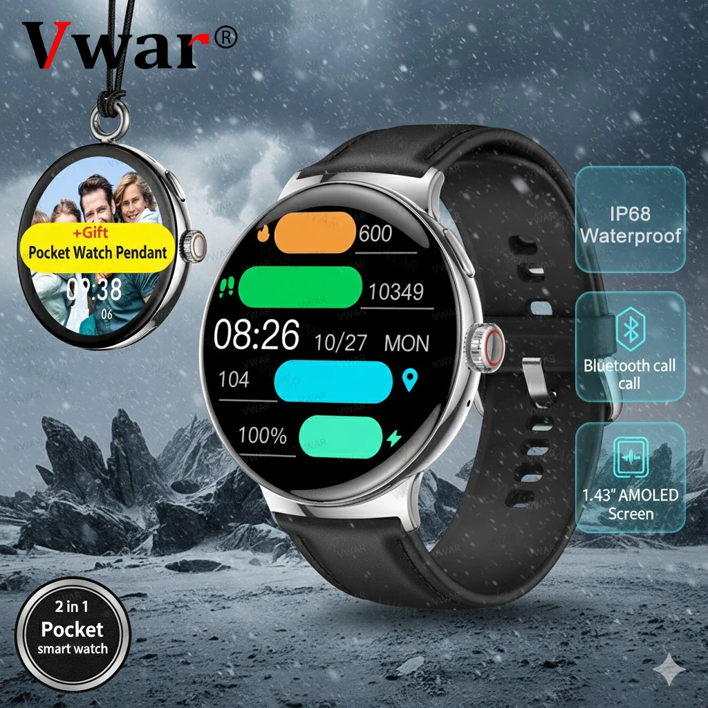 

Карманные умные часы VWAR для мужчин и женщин, 1,43 дюйма, AMOLED, всегда включенный дисплей, Bluetooth-вызов, музыкальные умные часы для телефона Android IOS 2025