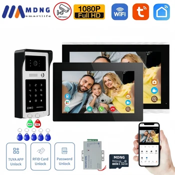 Tuya-Wi-Fiビデオインターホンシステム,ワイヤレスドアベル,RFIDロック解除,カメラ,10インチ,1080p