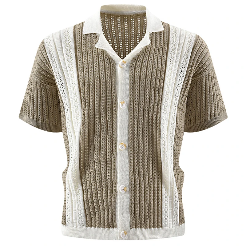 Vintage Contrast Color Striped Knit Shirt Men Summer Outdoor Casual Breathable Hollow Out Cardigan Tops Mens Short Sleeve Shirts