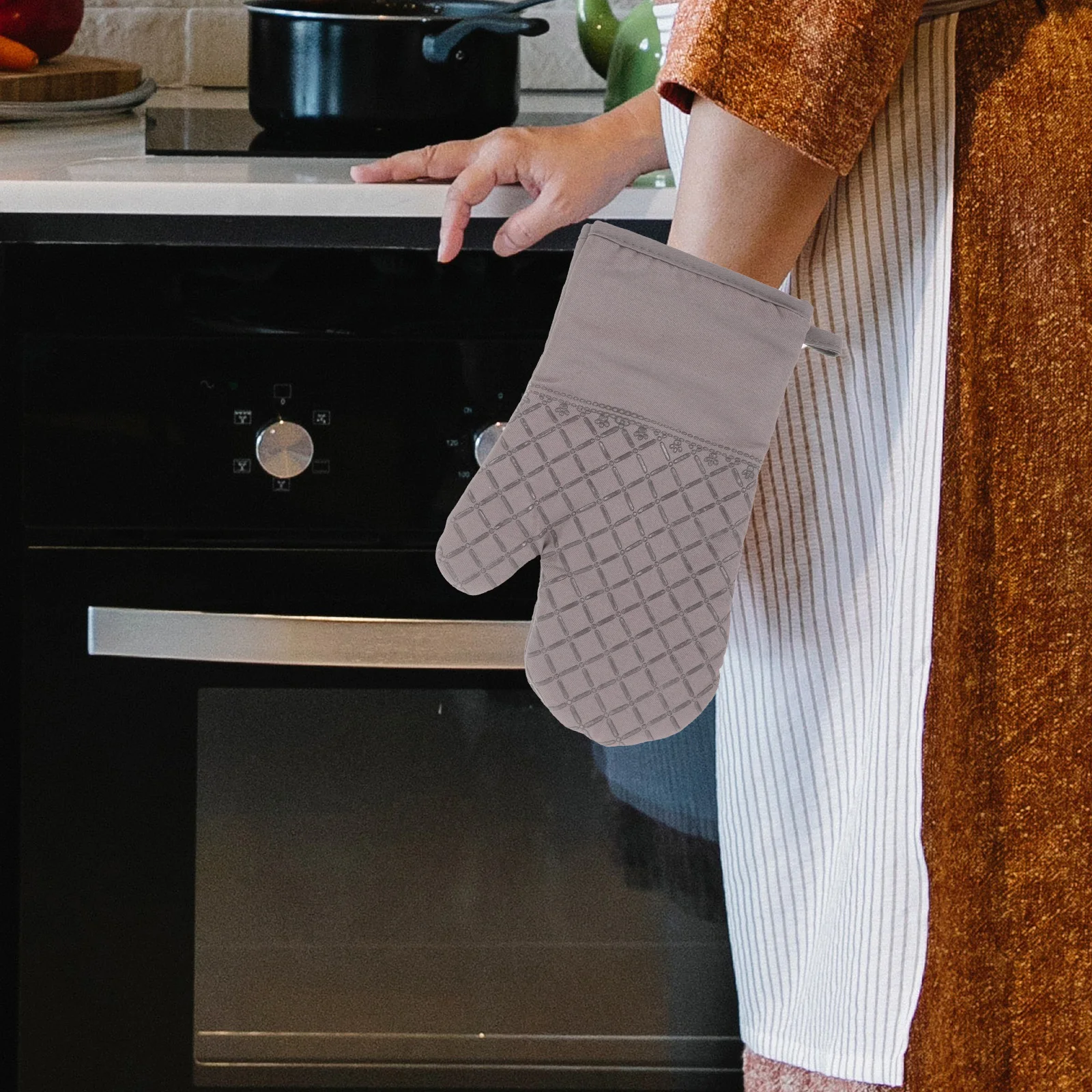 

1 Set Silicone Mitts Pot Pad Heat Resistant Oven Gloves Cotton Lined Non Slip Anti Scalding For Kitchen Baking Microwave Use