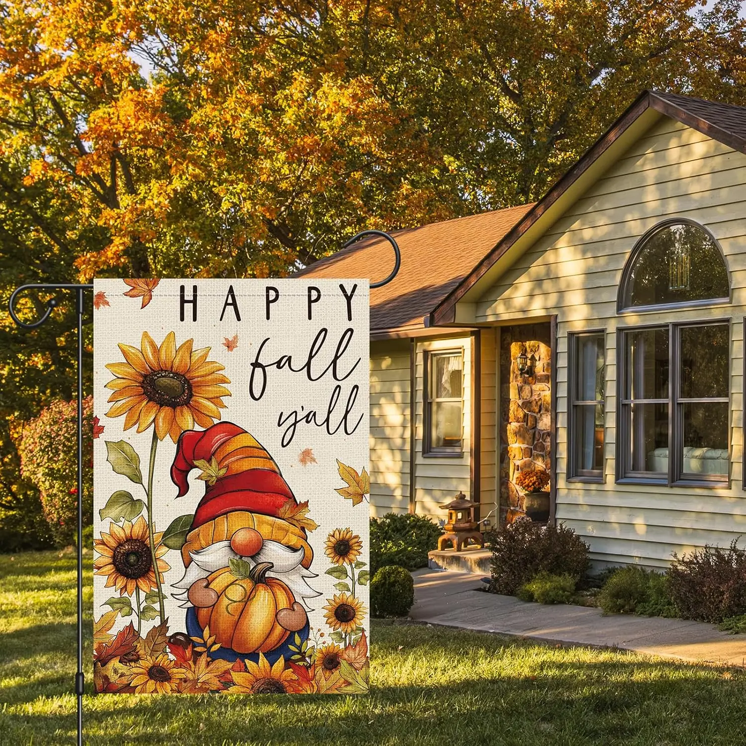 Heyfibro Happy Fall Y'all Gnome Garden Flag 12x18 Double Sided Burlap, Autumn Retro Pumpkin Sunflower Yard Flags for Tha WWP