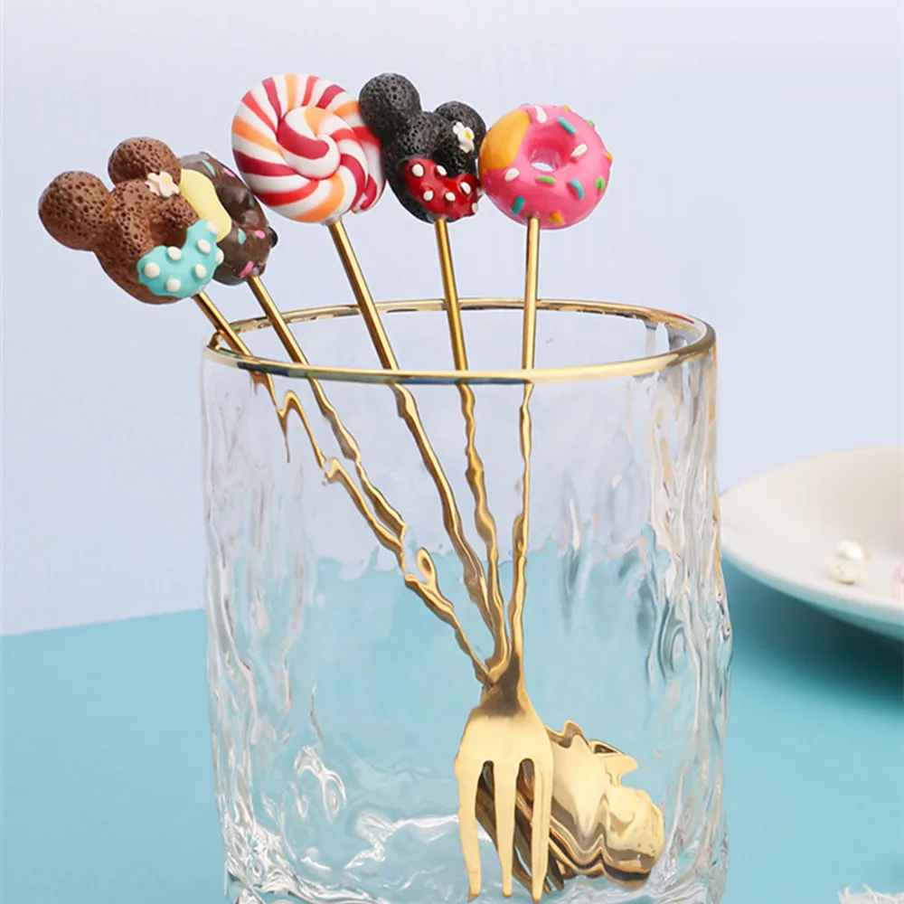 Disney Anime Mickey Mouse Fork Spoon Kawaii Lollipop Donut Tableware Cartoon Dessert Spoon Fork Stirring Spoon Children Gifts