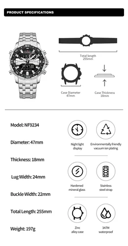 Imagen 2 del producto NAVIFORCE NF9234 marca de tendencia Original pantalla LCD reloj de cuarzo analógico Digital para hombre 30m reloj de pulsera luminoso resistente al agua