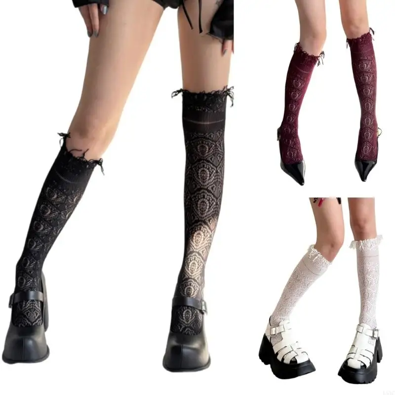 

L5YC Lightweight Floral Design Stretch Socks Hollowout Jacquard Tassels Long Socks