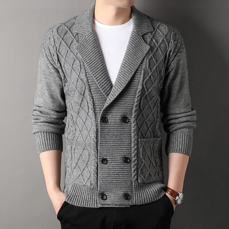 New Sweater Coat Men Cardigan British Suit Collar Sweater Lapel