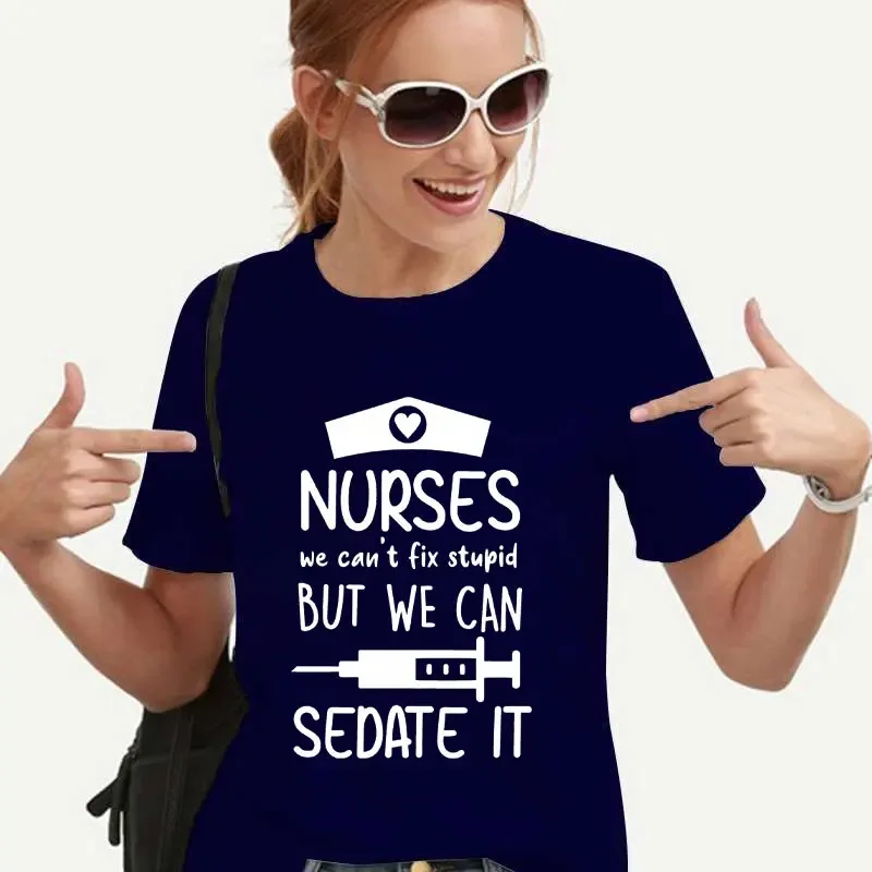 Women T Shirts Fashion Nurse Graphic Y2k Tops Harajuku Streetwear Neck Short Sleeve Tees 90s Ulzzang Oversized Female Clothing