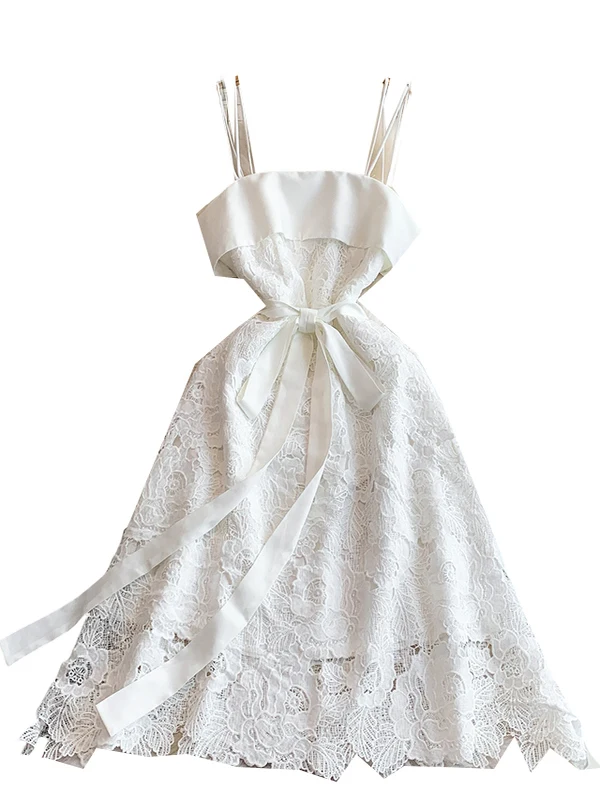 エレヘビーウェイト水溶性レースパッチワークシルクサテンストラップガウンレディースベルト付きウエストスリムロングドレス