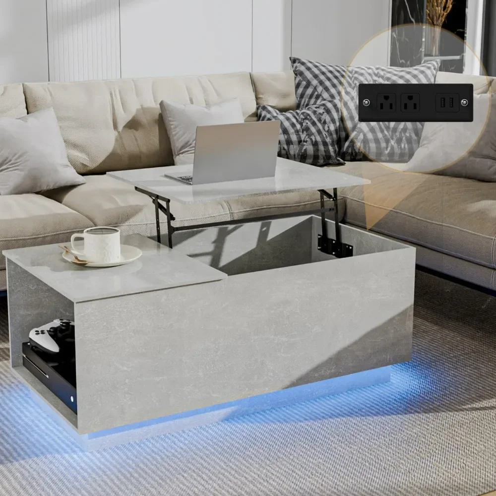 LED Coffee Table with Charging Station, Storage Hidden Compartment Modern Lift Top Center Table with LED Light Tea Table