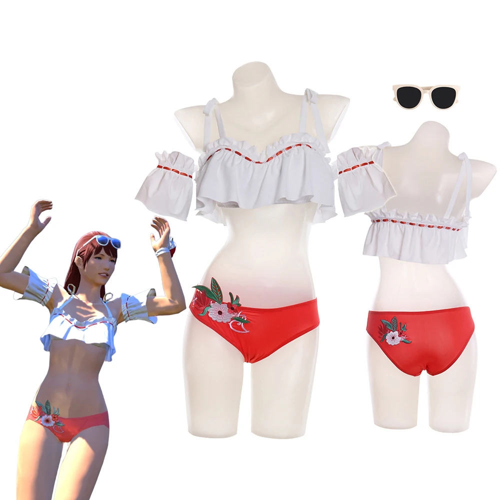 

Endless Summer Attire Swimsuit Final Fantasy 14 Cosplay Bathing Suit with Glasses Sexy Sweet Embroidered Bikinis Set Beachwear