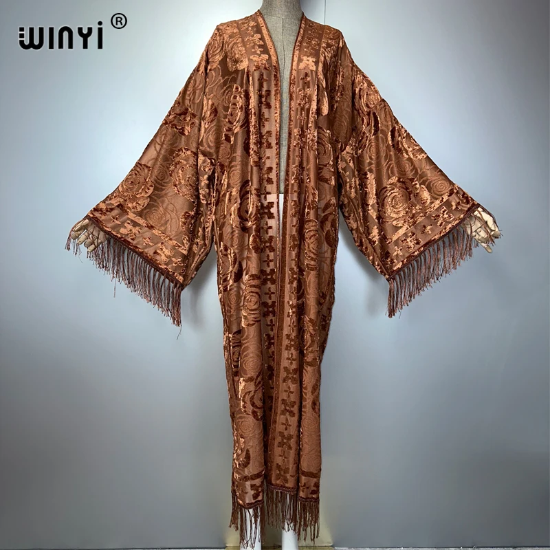 WINYI boho Kimono Personality perspective tassel cardigan for woman beach outfit kaftan beach cover up evening dress maxi coat