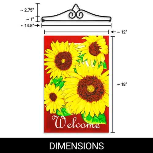 Garden Flag Welcome 4 Sunflowers Red BG 12x18IN & Hanger 14IN Printed Poly