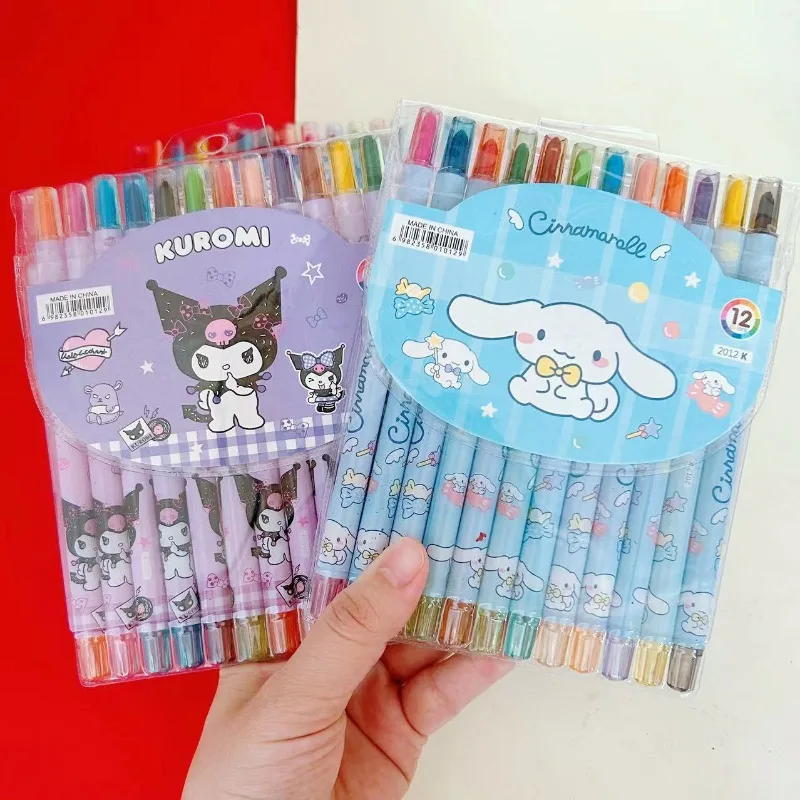 Anime Sanrio Hello Kitty Kuromi Long Rotating Oil Paint Pen Cinnamoroll 12-color Long Crayon Coloring Pen As A Gift for Children