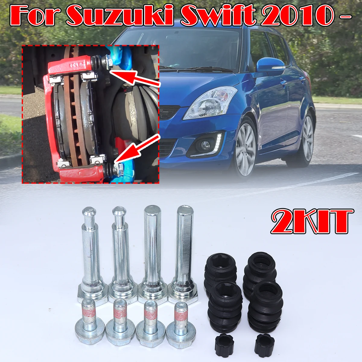 2Kit FRONT Brake Caliper Slider Guide Pins Bolt For Suzuki Swift 2010 - Left Right Disc Housing Bellows Sleeve Seal Bushing Hex
