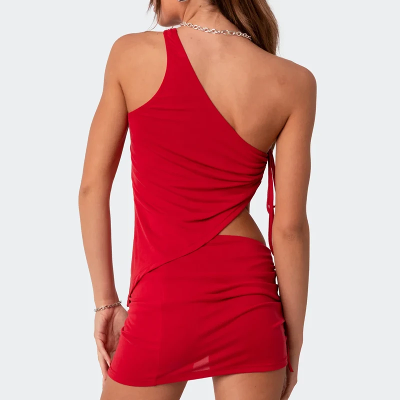 Sexy Red One Shoulder Backless Drawstring Y2k Tank Tops T-Shirt Solid Color Summer Sleeveless Slim Crop Tops 2024 New Streetwear