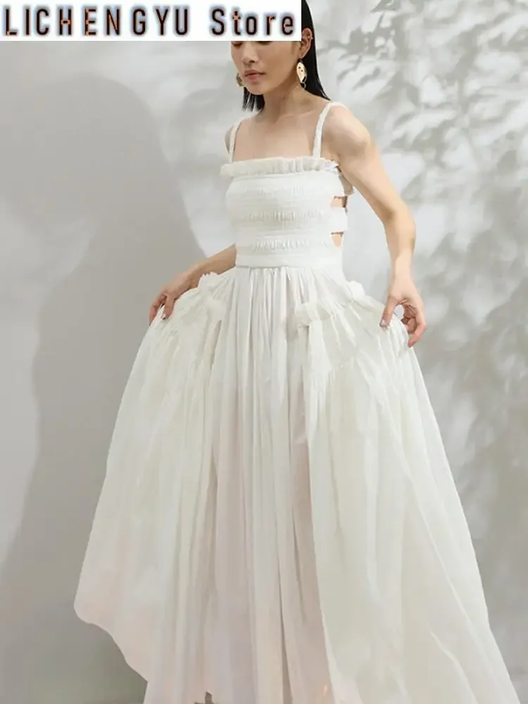 

New Summer Strapless Back Hollow Out Square Pleated Slim Big Hem White Temperament Dress Women Fashion