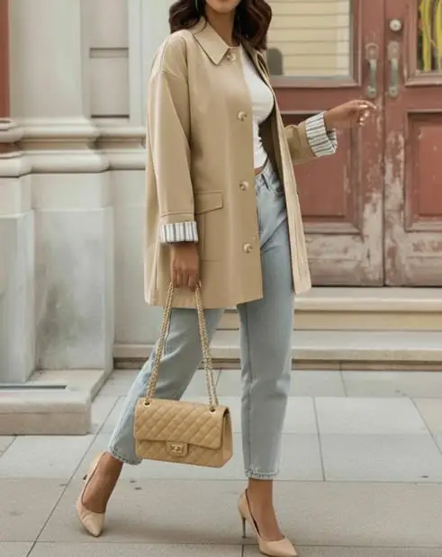 

Women's Jacket 2025 Spring Autumn Casual Versatile Solid Color Striped Patchwork Cuffs Turn-Down Collar Single-Breasted Jacket