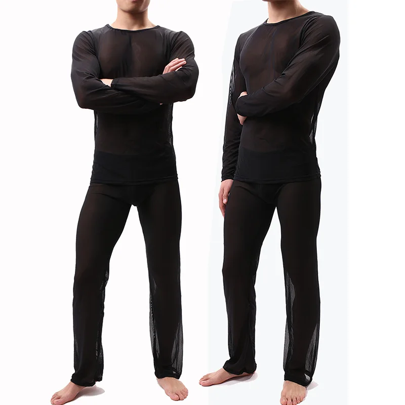 Ensemble de pyjama en maille transparente pour hommes, t-shirt sans couture, t-shirt fin et doux, manches longues, pantalon en Y, vêtements de nuit pour hommes, sexy, imbibé, 2 pièces