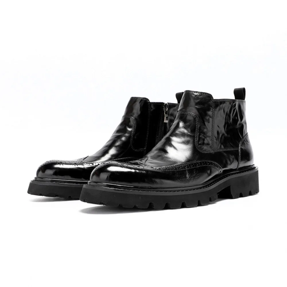 Premium Mens Hand Grained Calfskin Leather Boots Brogue Short Ankle Boots British Style Versatile for Men