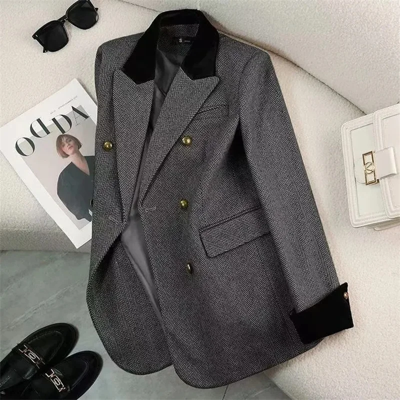 Veste de costume en laine pour femme, vêtement de bureau, Chic, gris, motif à chevrons, épais, décontracté, nouvelle collection automne hiver