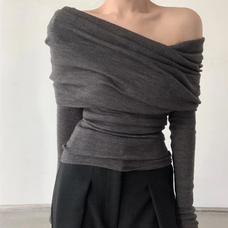 

Sexy Knitted Slim Fit One oulder Base irt Women's Spring Autumn Inner Wear Folded Design High End Feeling Top