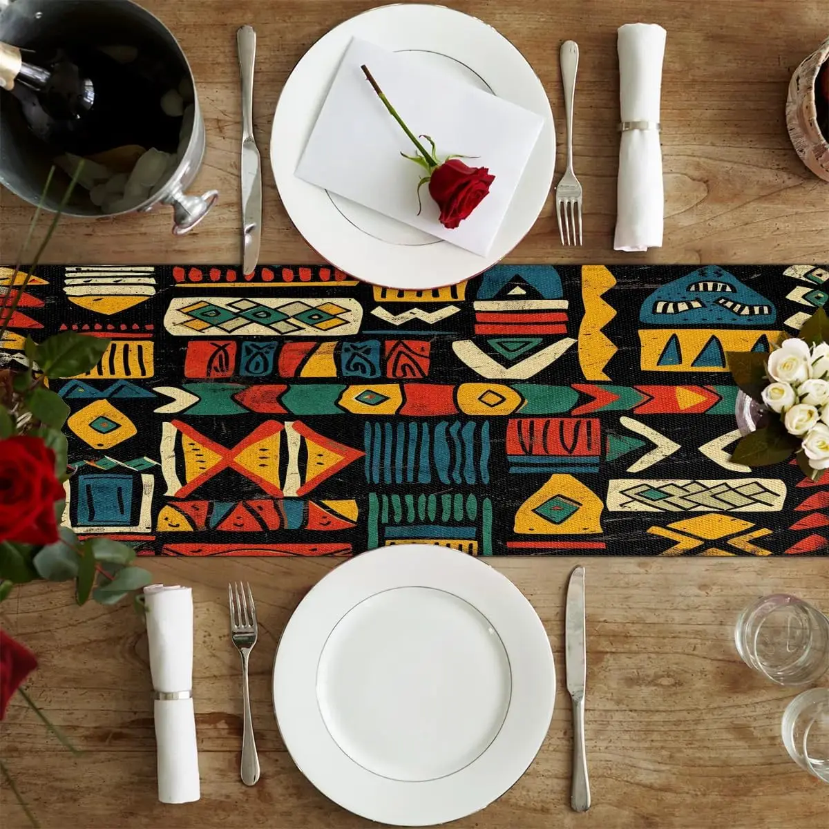 Western Native Boho Aztec Linen Table Runner Dresser Scarves Farmhouse Kitchen Dining Table Runners Holiday Party Decorations