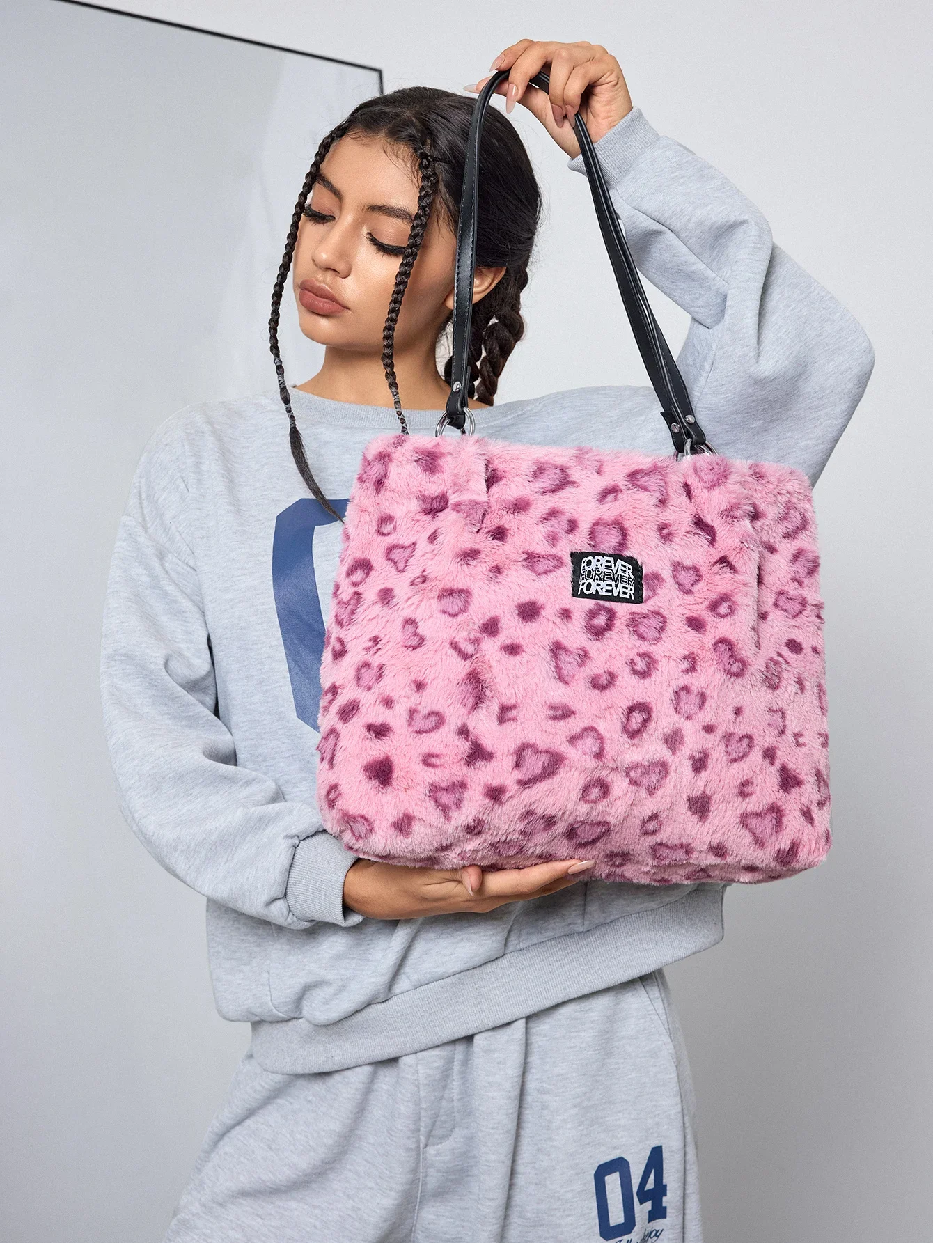 DareSee Soft, Puffer, Fluffy, Plush, Fuzzy 1pc Pink Leopard Print Plush Tote Bag With Metallic Ring Decor And Large Capacity For Daily Use Of Women For Girls, Women, College Students, Rookies & White-Collar Workers For Autumn & Winter, For Fall view 2