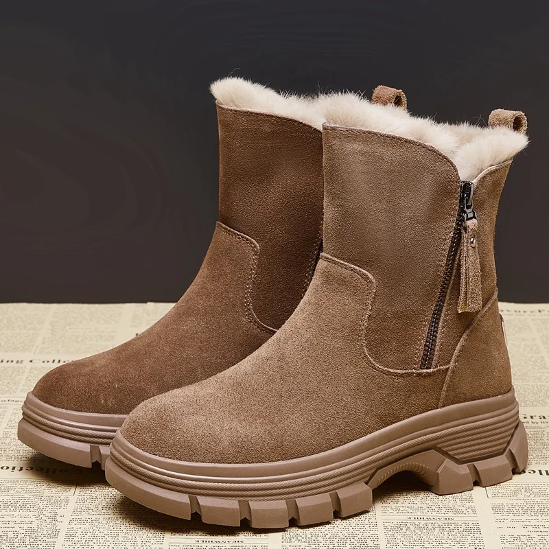 AUTUSPIN-Botas de nieve de cuero de ante para mujer, zapatos planos con plataforma, con cremallera lateral, cálidos, de felpa, para ocio al aire