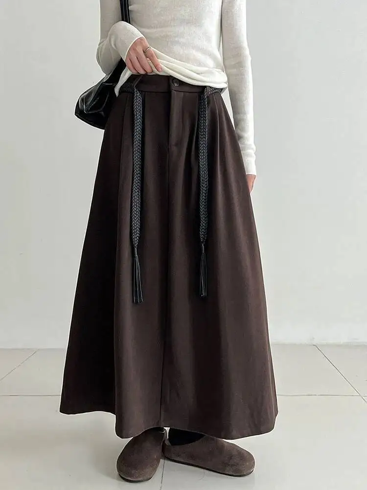 

Высокая талия, черная, коричневая повязка, плиссированная элегантная юбка трапециевидной формы до половины тела, женская мода, новинка весны и осени