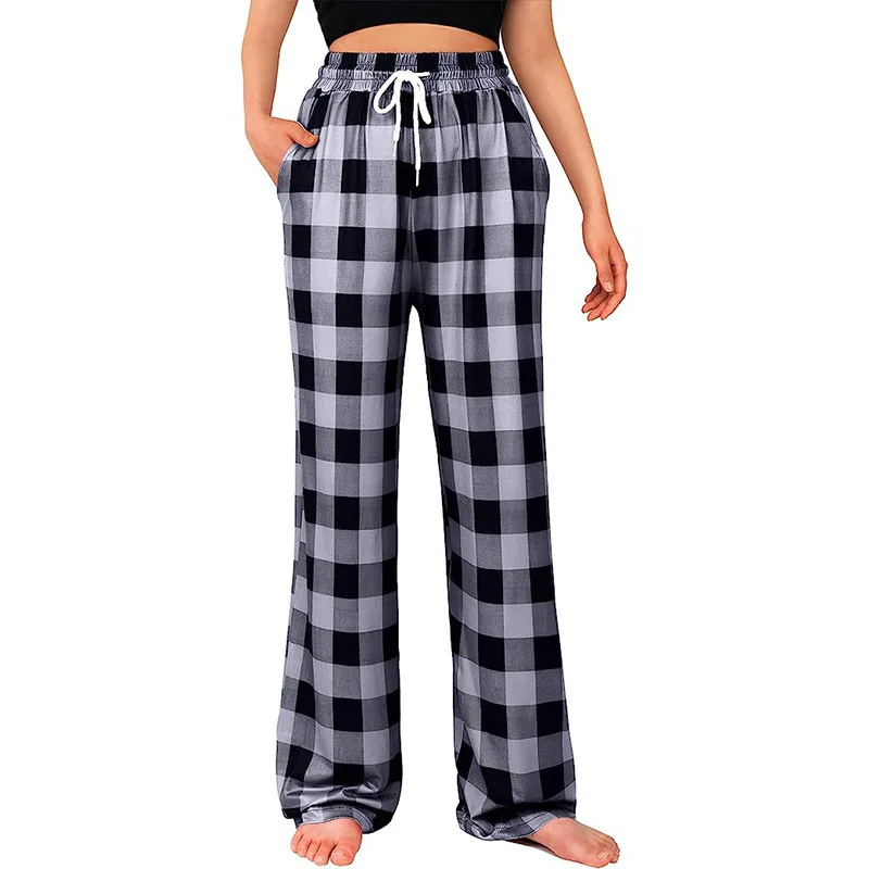 

Women's New Fashionable Straight Leg Casual Pants Comfortable Drawstring Elastic Checkered Sleepwear