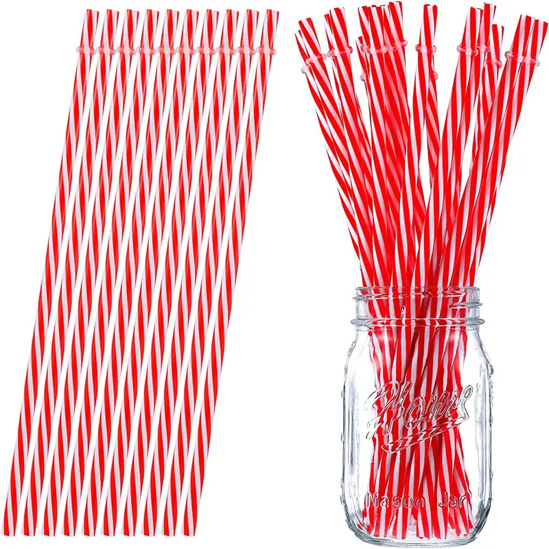 20pcs Christmas Reusable Plastic Straws Red Striped Straws Xmas Drinking Straws with Rings Wedding Party Supplies 270mm Long