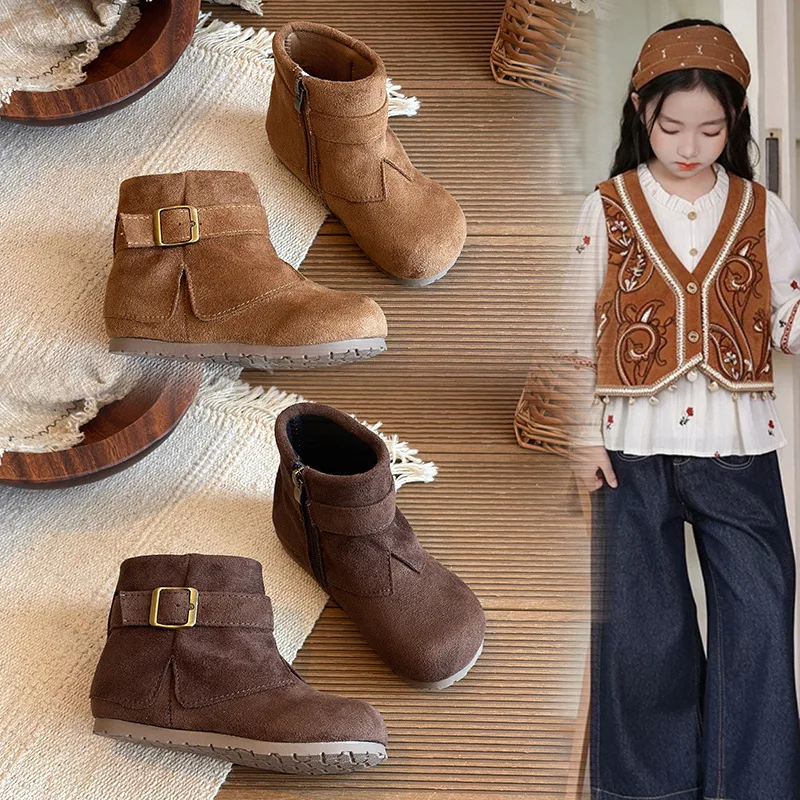 Kids Ankle Boots Korean Style Versatile Girls Princess Boots Side Zipper 2026 Autumn New Children Short Boots Round Toes