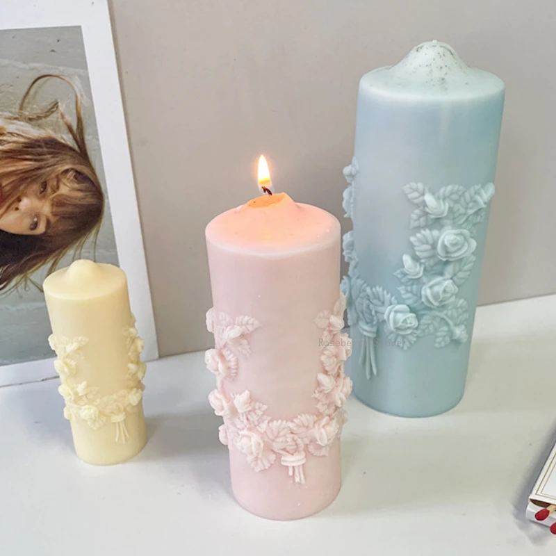 Rose Cylindrical Candle Silicone Mold Diy Aromatherapy Gypsum Soap Mould Handmade Making Crystal Drop Glue Ornament Home Decor