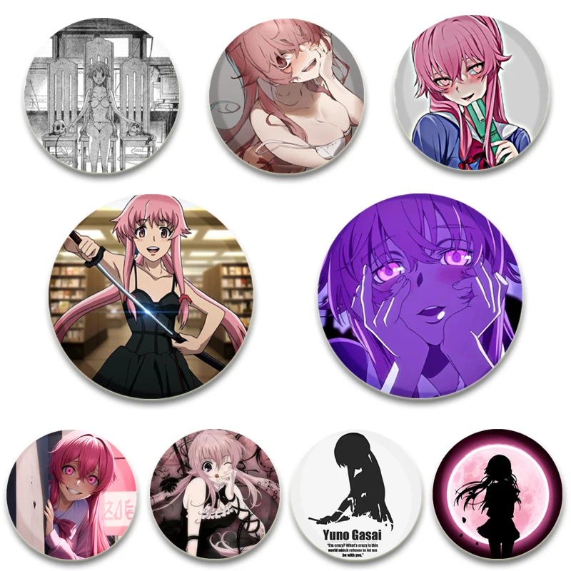 

Anime Cartoon Character Gasai Yuno Lapel Pins Creative Round Snap-in Button Brooches Badge for Backpack Accessories Jewelry Gift