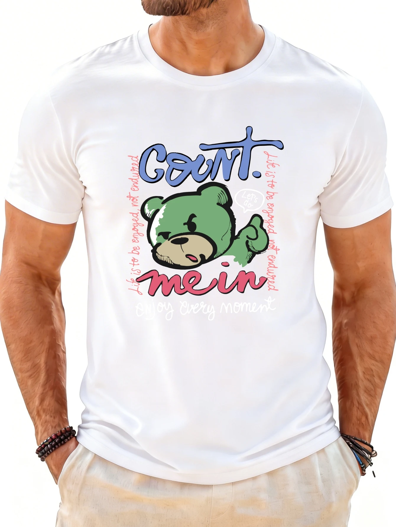 Men's Graphic T-Shirt - Breathable, Soft, Lightweight - Count Me in Bear Graphic Design - Retro Fun Graphic Casual Short Sleeve Summer Top, Gift for Him