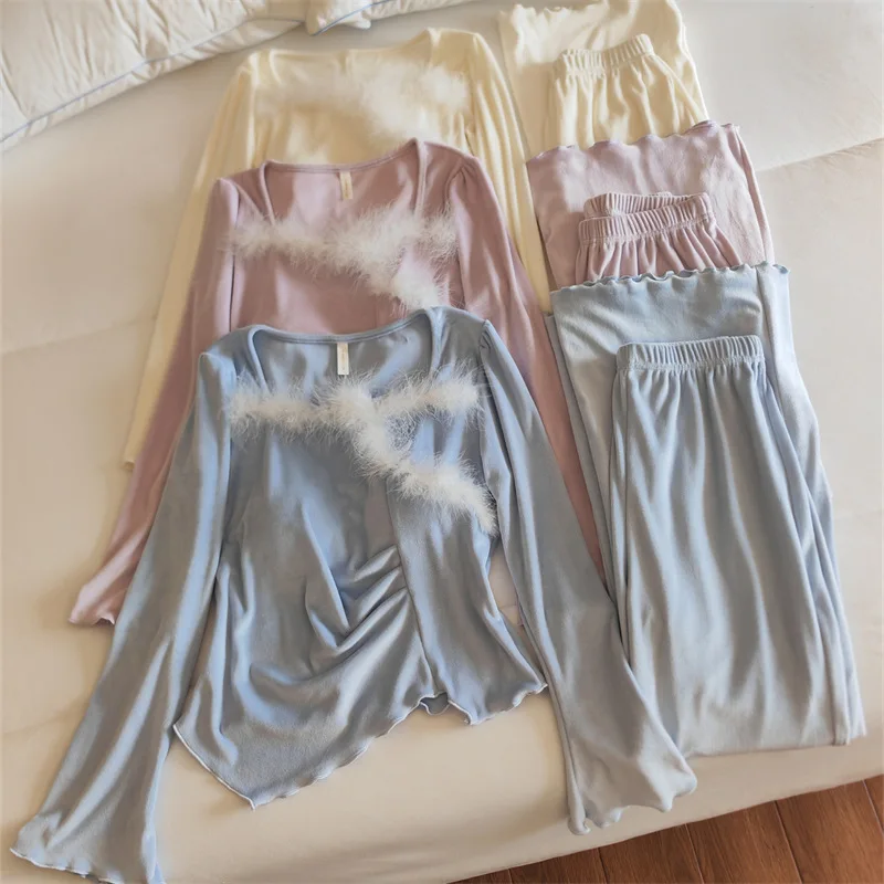 ملابس نوم شتوية دافئة جديدة وسادة صدر بدلة بناطيل جزيرة مخملية سميكة بيجامة نسائية بأكمام طويلة ملابس نوم ملابس منزلية للسيدات